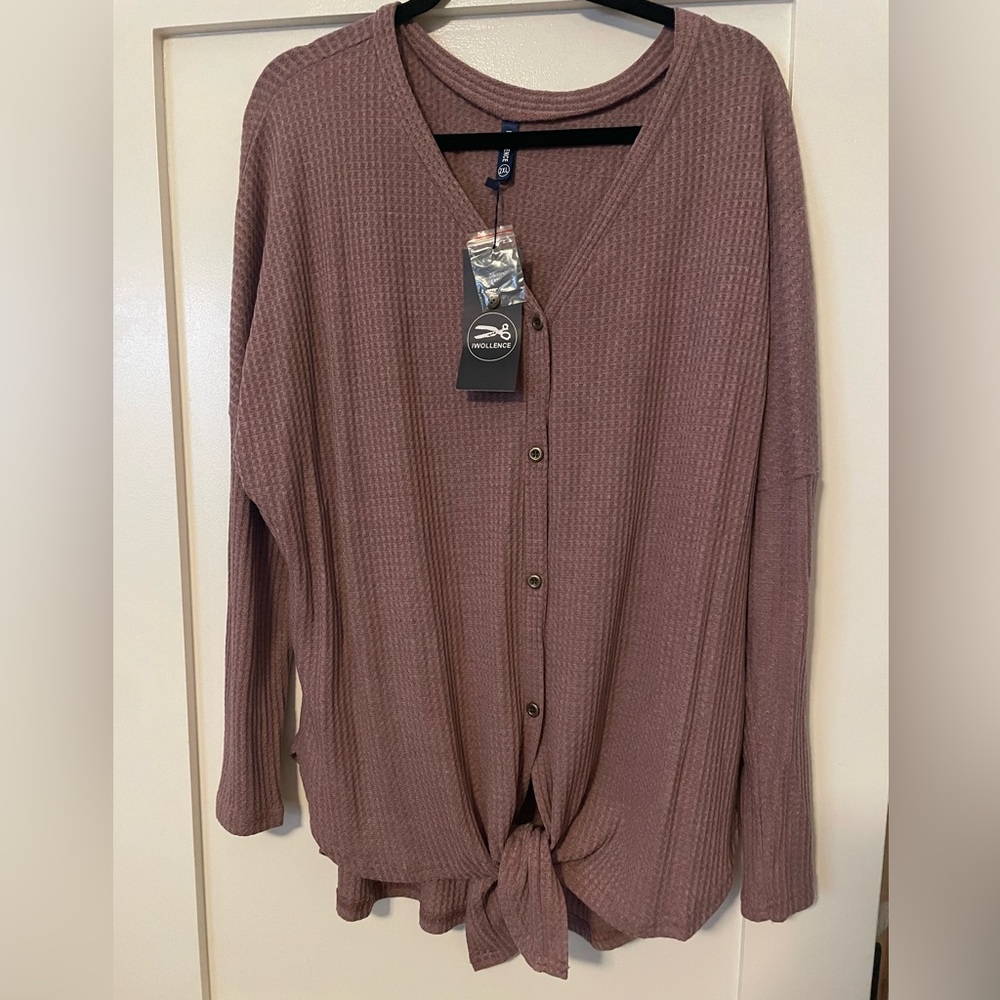 Women's Tie-Front Waffle Knit Button Cardigan Sweater - Mauve